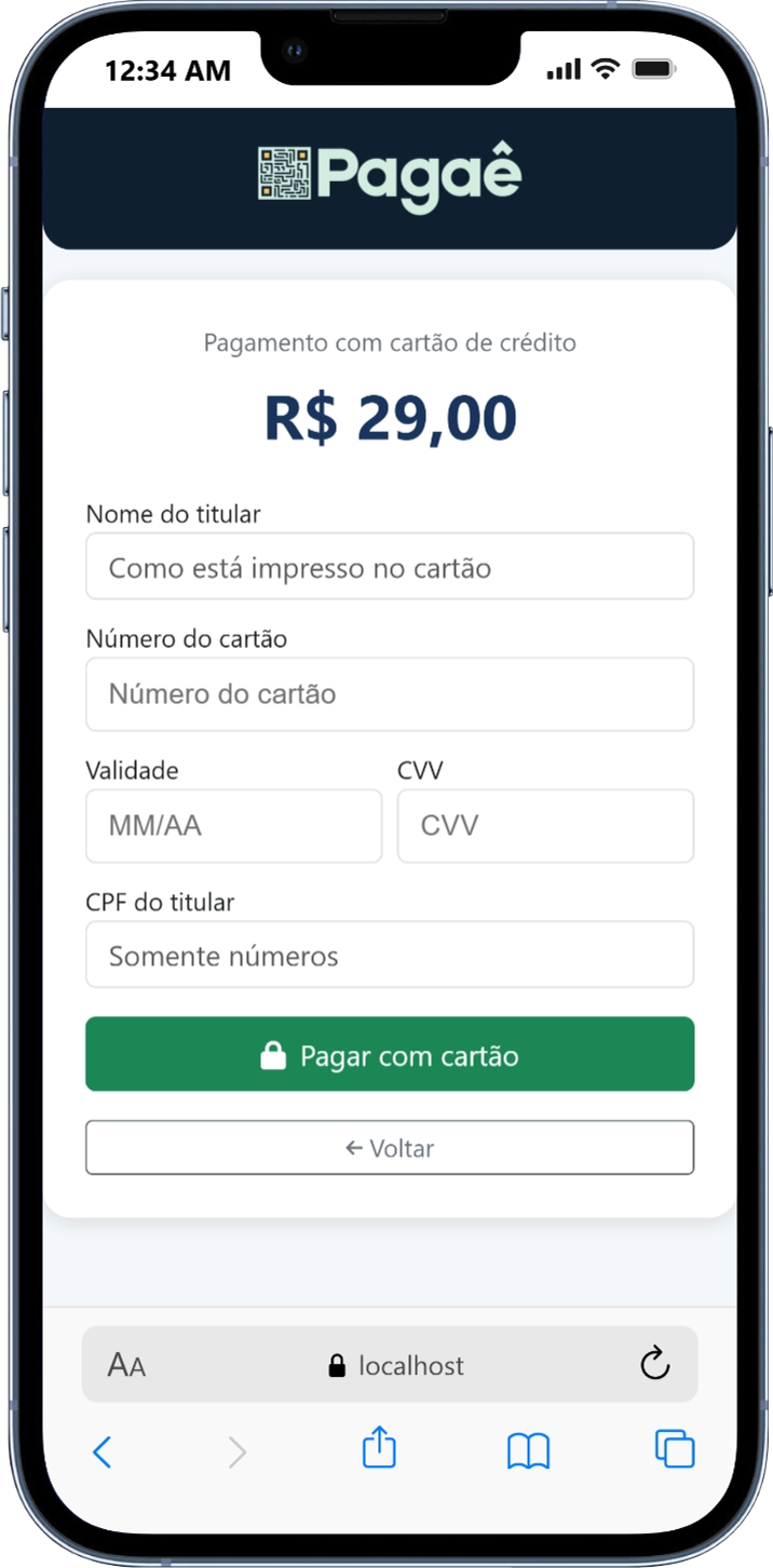 Tela de pagamento com cartão de crédito