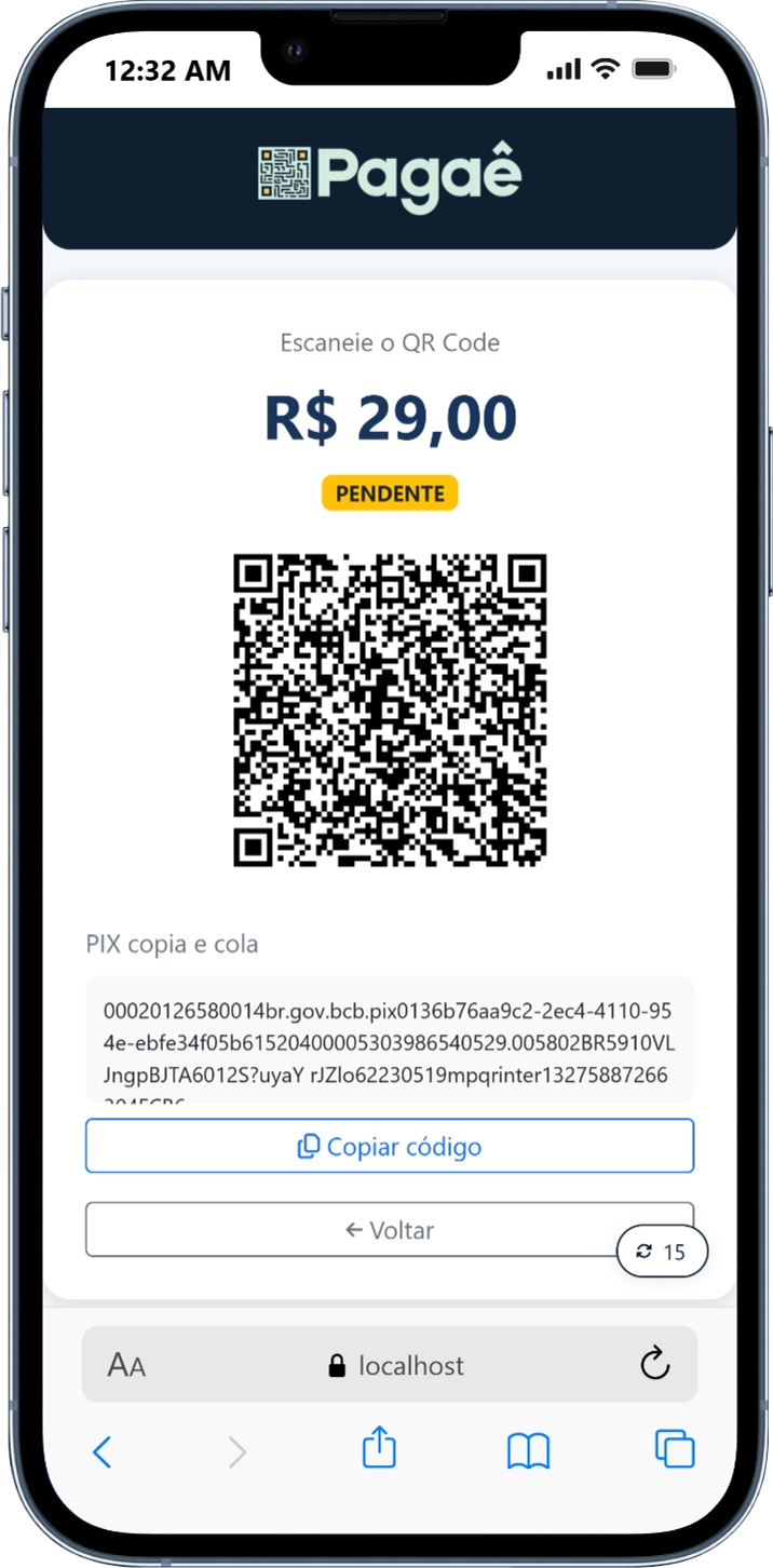Tela de pagamento via PIX com QR Code e copia e cola